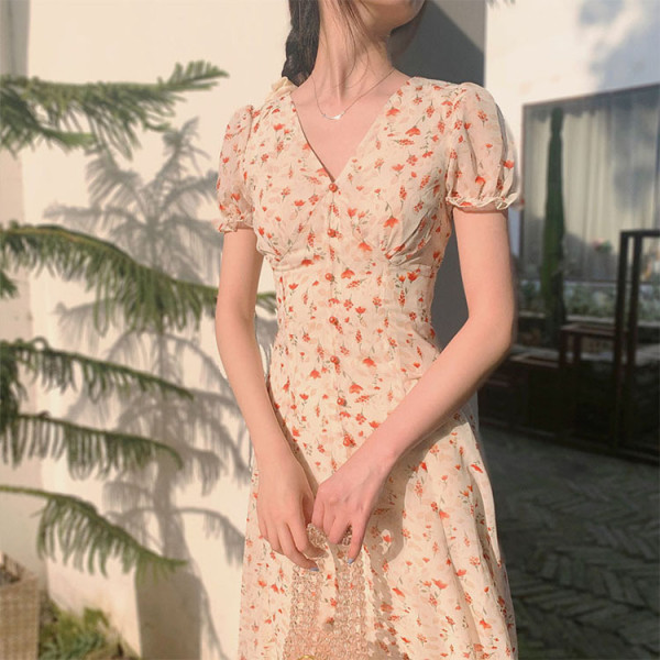 Custom dress | Temperament V-neck Dresses | Chiffon Floral Dresses | French Vintage Dresses