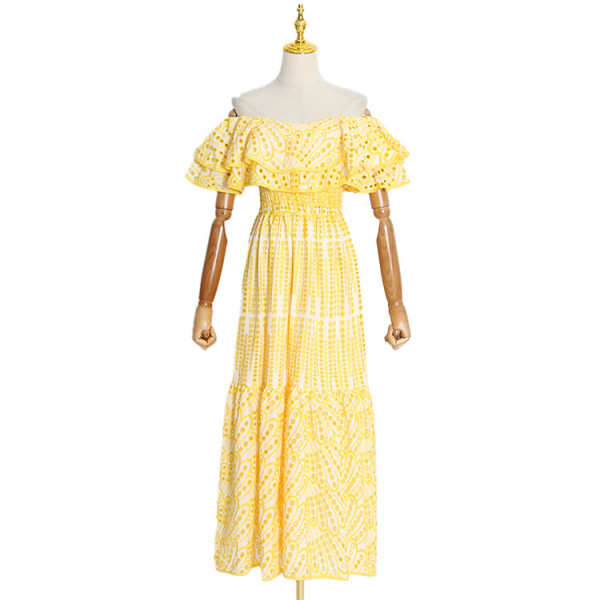 Custom Long Dresses|Double Ruffle Leaf Dresses|Slot-neck Embroidery Dresses|Cutout Dresses