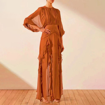 Custom 2023 Fall Dresses | Temperament Elegant Ruffle Long Dresses | New Fashion Round Neck Dresses | Long Sleeve Pleated Dresses