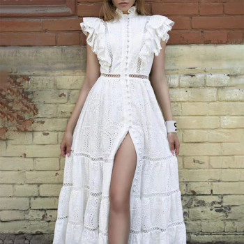 Custom | statement design dresses | summer solid color dresses | new fashion turtleneck dresses | sleeveless cutout embroidery dresses