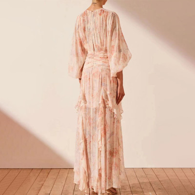 Custom | floral dresses | ruffled dresses | 2024 new round neck dresses | long sleeves pleated print long dresses | long business dresses