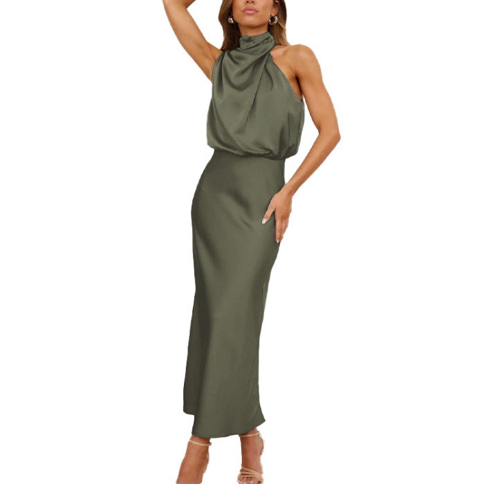 Custom | 2023 summer new dresses | premium satin dresses | sleeveless halter dresses | stylish elegant celebrity party dresses