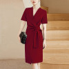 Custom | red dresses short sleeves | women's crossover V-neck dresses | tie-up waist mid dresses