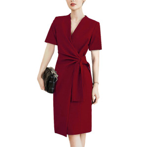 Custom | red dresses short sleeves | women's crossover V-neck dresses | tie-up waist mid dresses