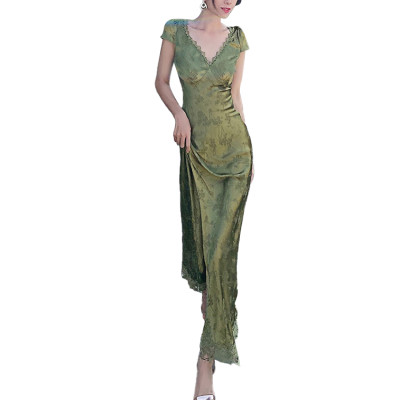 Custom | V-neck dresses | satin jacquard dresses | nipped-in waist sexy maxi dresses