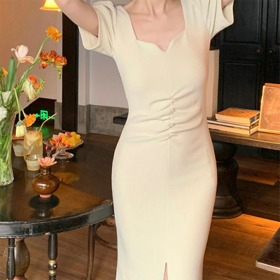 Custom | temperament dresses | vintage French dresses | short sleeve hip pack dresses | square neck long dresses