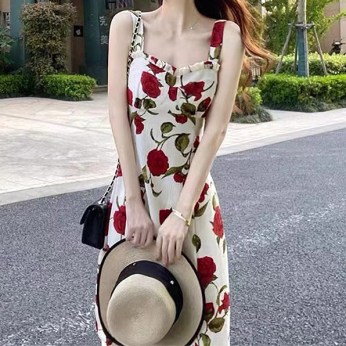 Custom | sexy slip length dresses | summer new rose dresses | floral temperament dresses