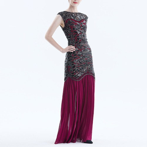 Custom | annual dinner long dresses  | vintage sequin beaded dresses | patchwork mesh ruffle long party dresses