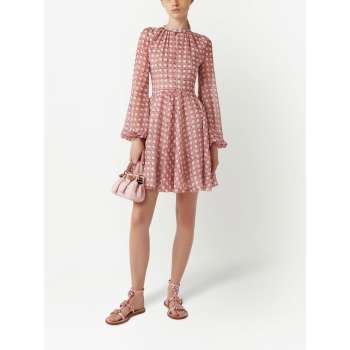 Custom | checkered suit | with round neckline |  Chiffon polka dot print dress