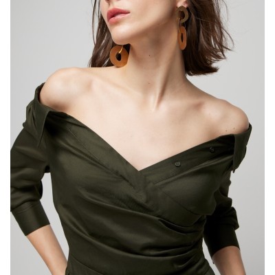 Custom | below the knee dresses | women's V-neck dress | short sleeve pleated utility dress