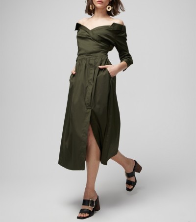 Custom | below the knee dresses | women's V-neck dress | short sleeve pleated utility dress
