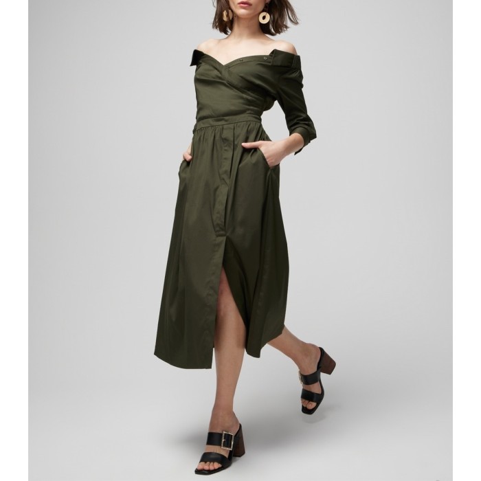 Custom | below the knee dresses | women's V-neck dress | short sleeve pleated utility dress