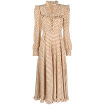 Custom | dot chiffon dresses | women's V-neck dress | Long sleeves pleated utility dress