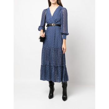 Custom | dot chiffon dresses | women's V-neck dress | Long sleeves pleated utility dress