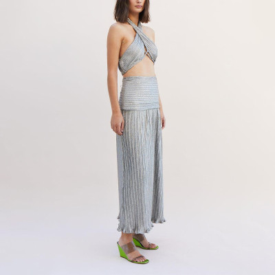 Custom | 2023 summer sexy temperament dresses | women's  sequined 2 pieces evening dress | silver top party dress