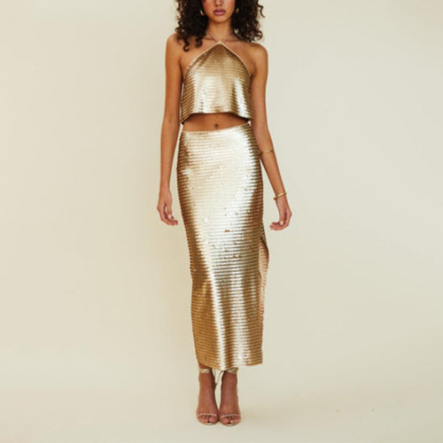 Custom | 2023 summer sexy temperament dresses | women's  sequined 2 pieces evening dress | golden top party dress
