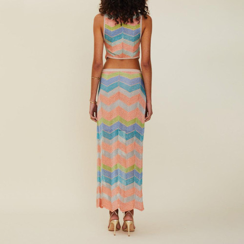 Custom | 2023 summer sexy temperament dresses | women's  knitting 2 pieces casual dress | rainbow top party dress