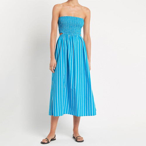 Custom dress | 2023 summer sexy temperament dresses | women's  strapless straight neck casual dress | stripes casual dress