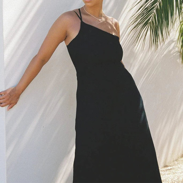 Custom | 2023 summer elegant temperament dresses | women's one-shoulder casual dress | solid color casual dress