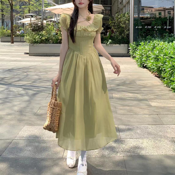 Custom | French vintage dresses | women sweet long dresses | green slim shoulder dresses