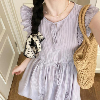 Custom dresses | French fly sleeve dresses | summer purple pleated wood ear dresses | new ruffled vintage lace-up maxi dresses