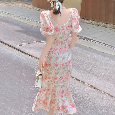 Custom dresses | high-end temperament celebrity dresses | niche puff sleeve dresses | pink floral dresses