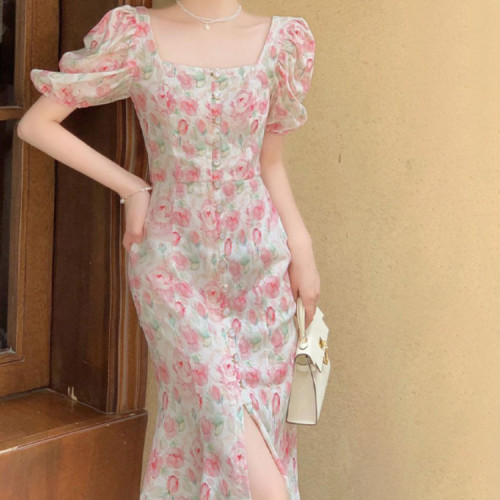 Custom dresses | high-end temperament celebrity dresses | niche puff sleeve dresses | pink floral dresses