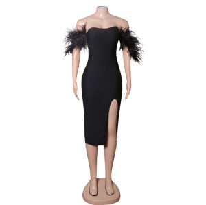 Custom dress | spring dress | elegant dress | black feather sleeves dress | bandage sexy tight dress