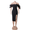 Custom dress | spring new dress | straight neck elegant dress | black feather sleeves dress | bandage sexy tight dress