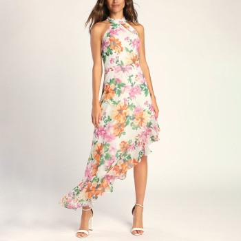 Custom dresses | fashion women's new dress | elegant floral print dress | hanging neck casual dress