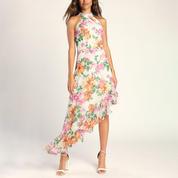 Custom dresses |fashion women's 2023 new |elegant floral print hanging neck casual dress |suspender dress