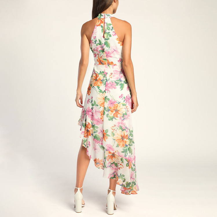 elegant floral print hanging neck casual dress 