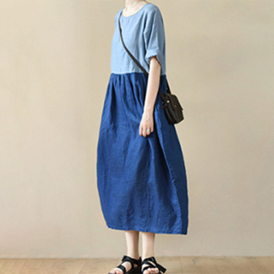 Custom literary dress | linen short-sleeved dress | pure linen midi dress | color-block loose dress