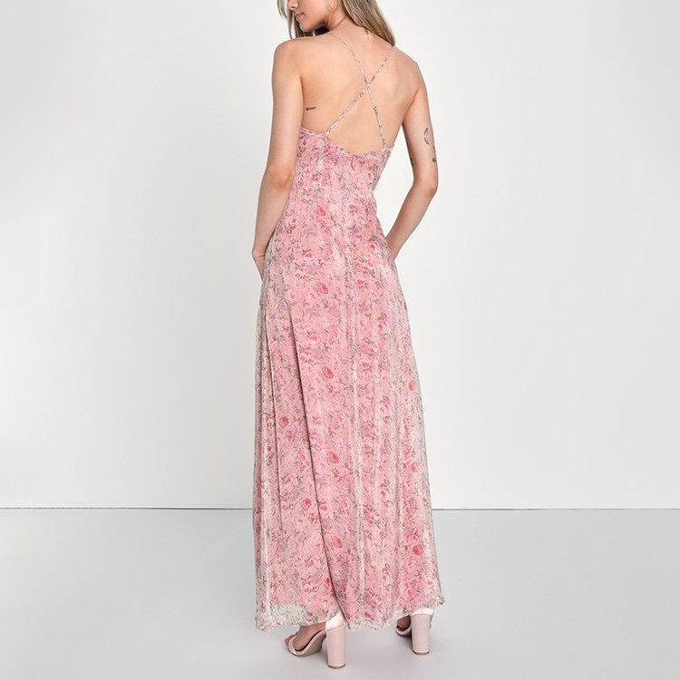 Literary textured pink printed chiffon suspender dress