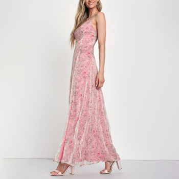 Custom dresses | fashion women's 2023 new | Literary textured pink printed chiffon suspender dress | suspender dress