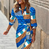 Custom European dress | women's new fashion printing dress | shirt collar lace-up long striped dress