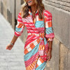 Custom European dress | women's new fashion printing dress | shirt collar lace-up long striped dress