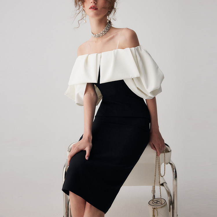 sexy one-shoulder puff sleeves dress