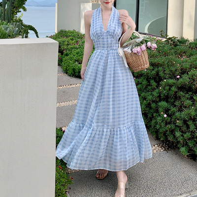 Custom blue plaid dress | chiffon V-neck dress | suspender halter neck dress | seaside resort long dress