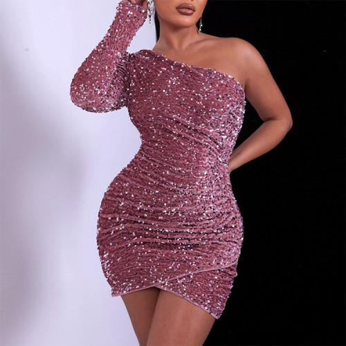 Custom summer dress | sexy one shoulder dress | sequined dress | solid color evening short dress