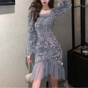 Custom summer dress | square neck sequin dress | long sleeves dress | mid length party dress