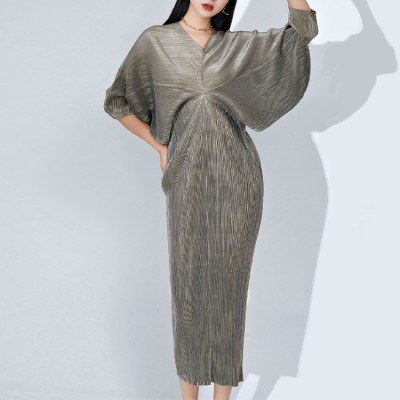 Custom dress | sequin pleated dress | V-neck bat sleeve dress | loose irregular long dress