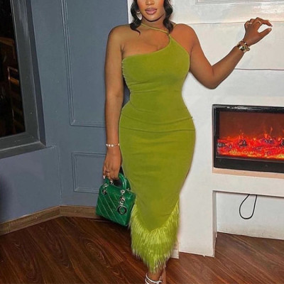 Custom knitted dress | one-shoulder halterneck temperament dress | women's sexy slim dress | long party dress