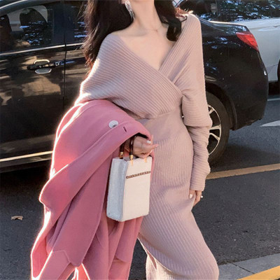 Custom French dress |  bellflower knit V-neck dress | slip dress | long sleeves dress