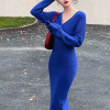 Custom French dress |  bellflower knit V-neck dress | slip dress | long sleeves dress