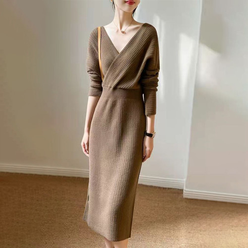 Custom French dress |  bellflower knit V-neck dress | slip dress | long sleeves dress