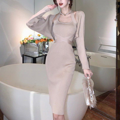 Custom French dress | temperament nipped-in waist dress | halterneck long dress | knitted slip dress