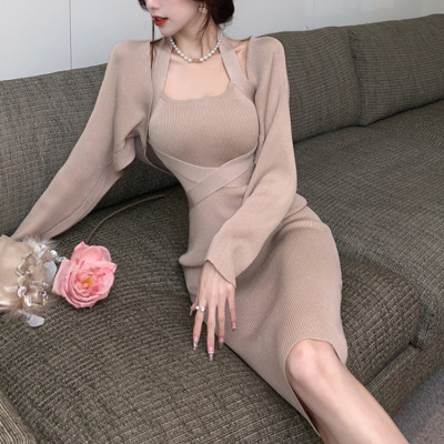 Custom French dress | temperament nipped-in waist dress | halterneck long dress | knitted slip dress