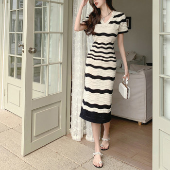 Custom striped dress | knitted dress | summer new dress | V-neck short sleeve dress
