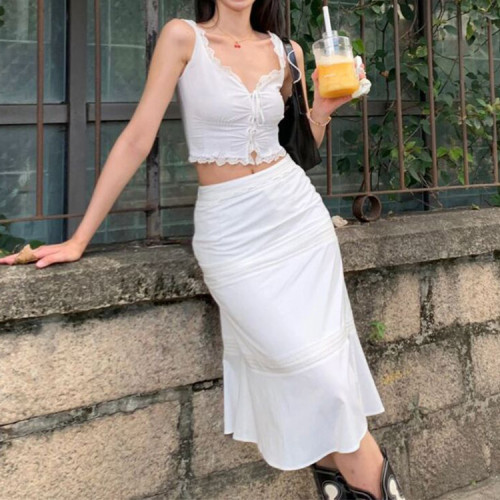 OEM dress | French white dress | Cotton solid color dress | V-neck summer dress | Two-piece dress